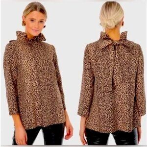 Tuckernuck Womens Faye Blouse XXL Leopard Ruffle Neck Bow Tie Back 3/4 Sleeve